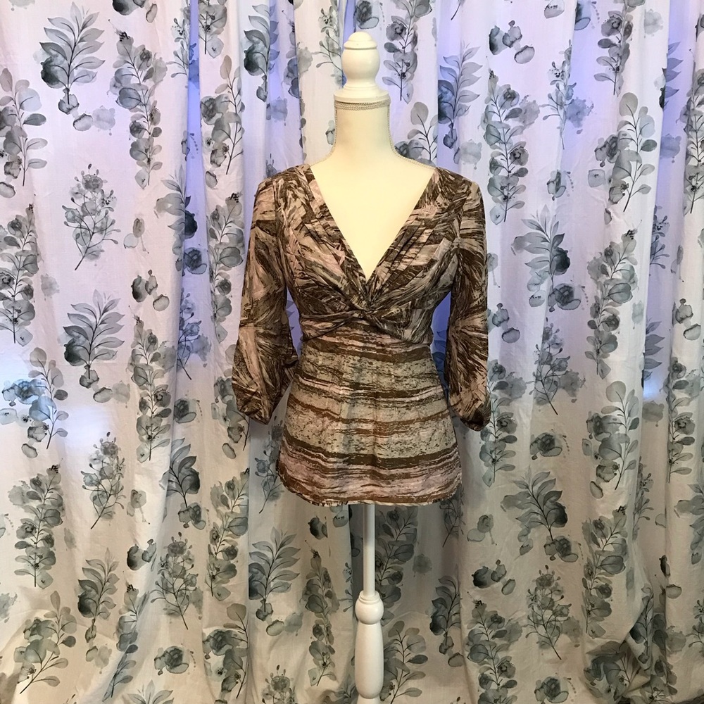 BCBG Max Azria Brown V Neck Blouse w/ Tie Detail and Exposed Zipper size Small